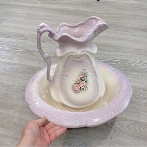 1960s Victorian Ironstone Green Hand Painted Pitcher Basin Set 2 Pieces USA made